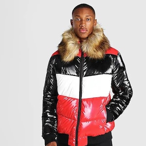 Men's Color Block Glossy Puffer Jacket with Faux Fur Hood  Black Red White Winter Coat  Quilted Bubble Jacket  Warm Streetwear Outerwear