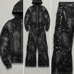 Könnte beinhalten: Ein Set aus einer Kapuzenjacke und Cargohose aus schwarzem Acid-Wash-Denim. Die Jacke hat einen Frontreißverschluss, eine Kapuze und silberfarbene Metallnieten. Die Hose verfügt über mehrere Reißverschlusstaschen, Cargotaschen und einen Gürtel.