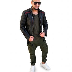 Handmade Men Black  Leather Jacket, Slim Fit Quilted Shoulder Biker Coat, Custom Leather Outerwear Streetwear