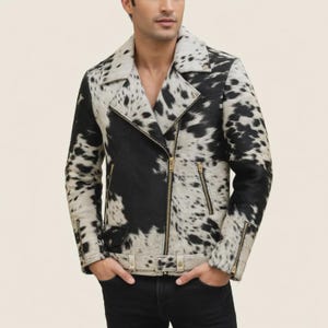 Chaqueta de motociclista de cuero de vaca con pelo para hombre, color blanco y negro, con estampado de vaca. Abrigo de cuero genuino con pelo, hecho a mano, estilo western.