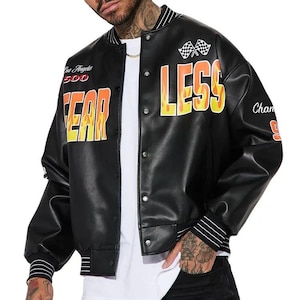 Men's Black PU Leather Varsity Jacket Racing Graphic Bomber Coa Streetwear Baseball Jacket Trendy Outerwear