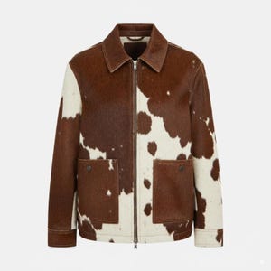 Men's Brown & White Hair On Cowhide Leather Jacket  Genuine Pony Hair Leather Coat  Western Cowboy Zip Jacket  Handmade Style Outerwear