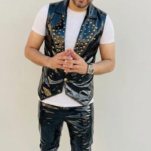 Men Shiny Patent Leather Vest and Pants Set, Studded Punk Rock Biker Suit, Gothic Black Glossy Leather Waistcoat with Rivets, Custom Outfit