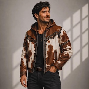 Könnte beinhalten: Eine Kapuzenjacke mit braun-weißem Kuhfellmuster und dunkelbraunen Lederbesätzen an Schultern und Ärmeln. Die Jacke verfügt über einen Frontreißverschluss, eine Kapuze und dekorative Metallnieten entlang der Nähte.