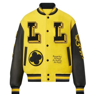 Yellow Letterman Jacket for Men, College Varsity Bomber, Dinosaur Patch Baseball Jacket, Casual Streetwear