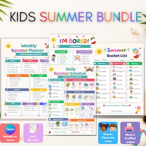 May include: A Kids Summer Bundle digital printable set featuring a Weekly Summer Planner, I'm Bored activity ideas, a Daily Summer Schedule, and a Summer Bucket List. The pages include colorful icons, checkboxes, and text for summer planning.