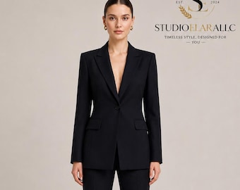 Women’s Black Tailored Suit Set | Elegant Blazer & Wide Leg Trousers | Formal Business Outfit