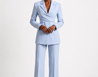 Sky Blue Belted Suit Set, Tailored Blazer, Wide-Leg Trousers, Elegant Cuffs