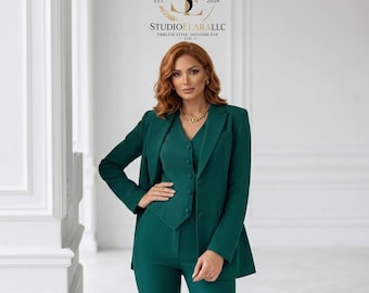 Emerald Green 3-Piece Tailored Pantsuit Set, Elegant Business Formal Blazer, Office Outfit