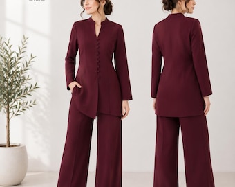 Burgundy Crepe Co-ord Set, Long Sleeve Top & Wide Leg Trousers, Elegant Office Outfit