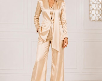 Champagne Satin Pantsuit | Elegant Wide Leg Blazer & Trousers Set