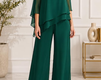 Emerald Green Chiffon Pants Set | Layered Tunic, Wide Leg | Wedding Guest Outfit