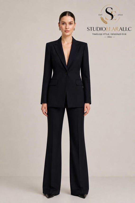 Women’s Black Tailored Suit Set | Elegant Blazer & Wide Leg Trousers | Formal Business Outfit