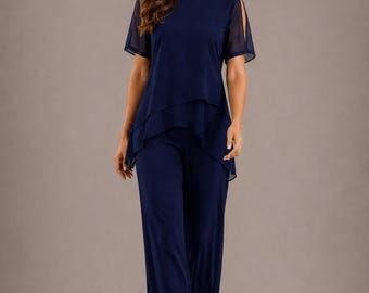 Navy Blue Chiffon Tunic and Wide Leg Pants Set, Elegant Evening Wear