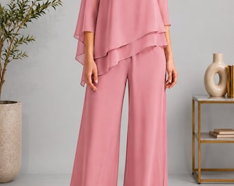 Grey Chiffon Layered Top Wide Leg Pants Set, Elegant Formal Evening Wear