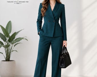 Teal Double-Breasted Blazer & Wide Leg Trousers, Elegant Business Suit Set