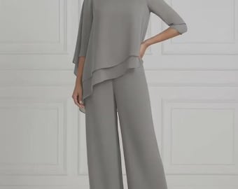 Grey Chiffon Layered Top Wide Leg Pants Set, Elegant Formal Evening Wear