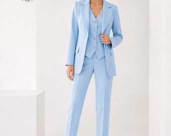 Light Blue 3-Piece Women's Suit, Elegant Blazer Vest Pants Set, Formal Wedding Guest Outfit