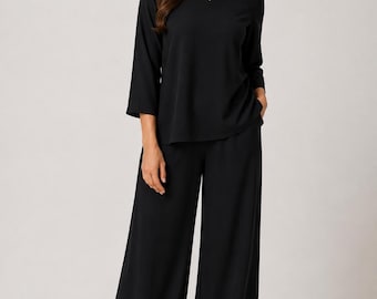 Black Wide Leg Pants Set, Minimalist Two Piece Outfit, Loose Long Sleeve Top