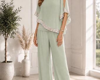 Elegant Chiffon Pant Suit | Mother of the Bride, Wedding Guest Outfit, Formal Evening Wear