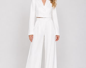 Elegant White Cropped Blazer & Wide Leg Trousers, Minimalist Chic Suit Set