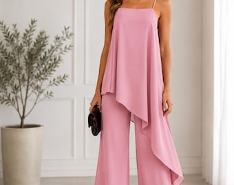 Chiffon Pant Suit | Asymmetrical Flowy Top, Wide Leg Pants, Formal Evening Wear