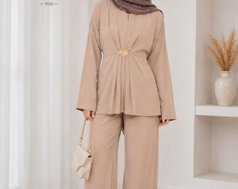 Taupe Modest 2 Piece Set, Pleated Tunic, Wide Leg Pants, Elegant Formal Wear
