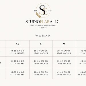 May include: A size chart for clothing labeled STUDIOELARALLC with the text EST. 2024 and TIMELESS STYLE, DESIGNED FOR YOU. The table lists sizes XS, S, M, and L with corresponding bust, waist, and hip measurements in both centimeters and inches.
