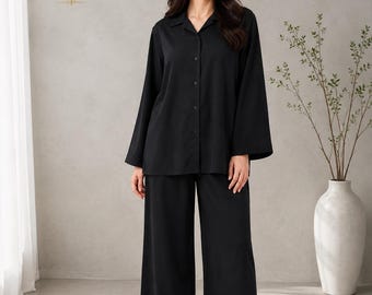 Black Modest Oversized Shirt and Wide Leg Pants Set, Minimalist Chic Co-Ord