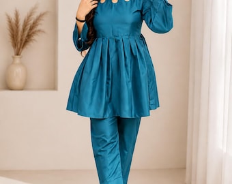 Teal Peplum Tunic and Pants Set | Elegant Pleated Two-Piece Outfit, Modest Office Wear