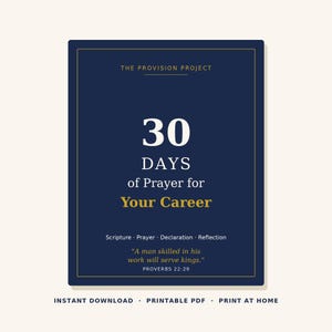 May include: A dark blue rectangular printable document titled The Provision Project 30 Days of Prayer for Your Career. It features white and gold text, including the quote A man skilled in his work will serve kings. Proverbs 22:29.