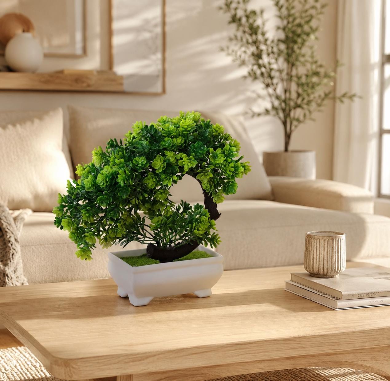 Artificial Bonsai Tree in White Ceramic Pot, Mini Faux Bonsai Plant, Small Desk Decor, Office Home Decoration, Zen Gift, Tabletop Plant