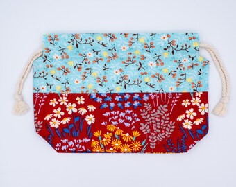 Knitting Project, Drawstring, Floral Yarn Storage Pouch, Handmade Lined Cotton Bag, Cottagecore Craft Gift