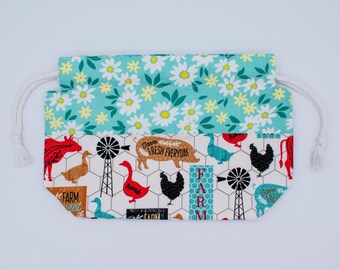 Proyecto de tejido, cordón ajustable, bolsa de almacenamiento de hilo floral, bolsa de algodón forrada hecha a mano, regalo artesanal estilo cottagecore