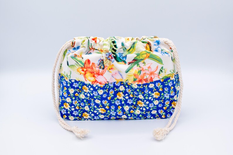 Knitting Project, Drawstring, Floral Yarn Storage Pouch, Handmade Lined Cotton Bag, Cottagecore Craft Gift image 3