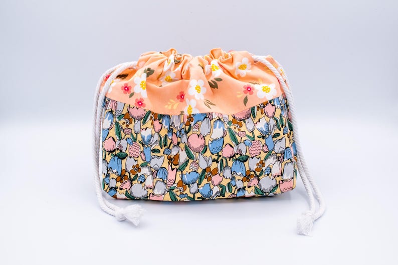 Knitting Project, Drawstring, Floral Yarn Storage Pouch, Handmade Lined Cotton Bag, Cottagecore Craft Gift imagem 3