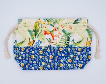 Proyecto de tejido, cordón ajustable, bolsa de almacenamiento de hilo floral, bolsa de algodón forrada hecha a mano, regalo artesanal estilo cottagecore