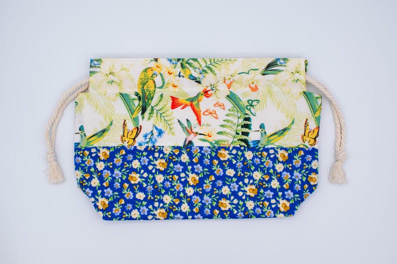 Knitting Project, Drawstring, Floral Yarn Storage Pouch, Handmade Lined Cotton Bag, Cottagecore Craft Gift image 1