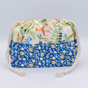 Knitting Project, Drawstring, Floral Yarn Storage Pouch, Handmade Lined Cotton Bag, Cottagecore Craft Gift image 4