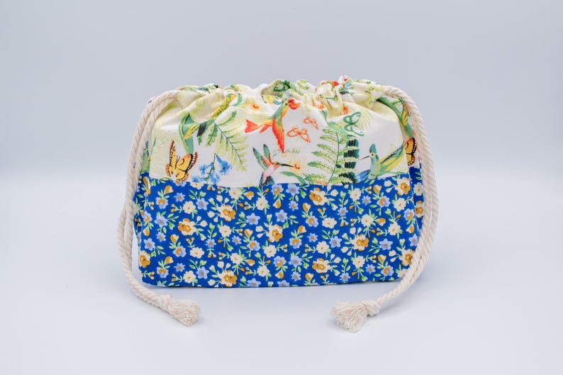 Knitting Project, Drawstring, Floral Yarn Storage Pouch, Handmade Lined Cotton Bag, Cottagecore Craft Gift image 4