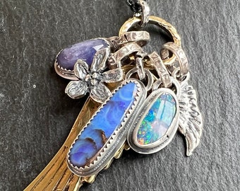 Angel wing charm necklace, opals with tanzanite, mixed metal jewellery