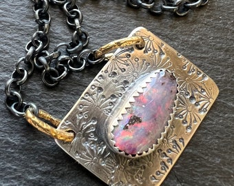 Beautiful pink and purple boulder opal. bezel set necklace, gemstone jewellery