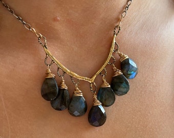 Flashy labradorite necklace, gold bronze and sterling silver jewellery, boho mixed metal necklace