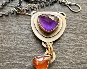 Amethyst & Hessonite Garnet Necklace: Mixed Metal Gemstone Jewelry