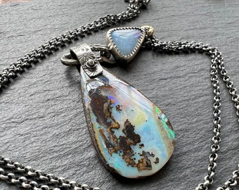 Boulder opal necklace, sterling bezel set jewellery, two light blue opals set in silver