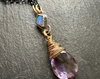 Amethyst Boulder Opal Necklace: Sterling Silver Layering Pendant
