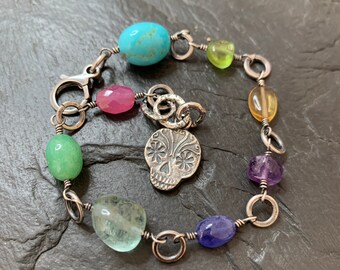 GiftJewelryShop Colorful Chinese Paper Fan Pattern February Birthstone Flower Dangle Charm Bracelets