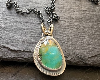 Peruvian opal necklace, aqua green opal bezel set gemstone jewellery, mixed metal necklace