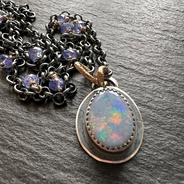 Dainty Opal necklace, tanzanite and opal bezel set gemstone jewellery, mixed metal necklace