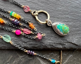 Multi gemstone necklace or bracelet, double wrap tourmaline charm colourful beaded jewellery, boho mixed metal necklace